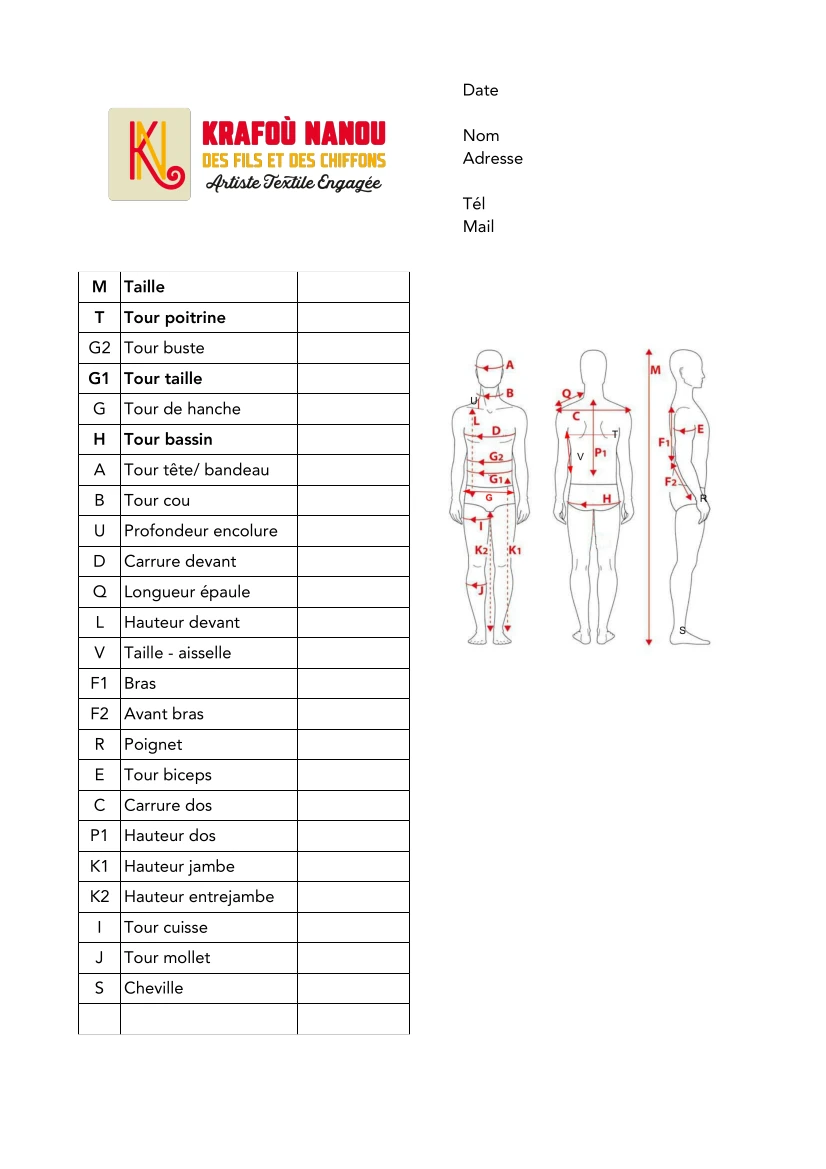 Tableau pour la prise de vos mesures